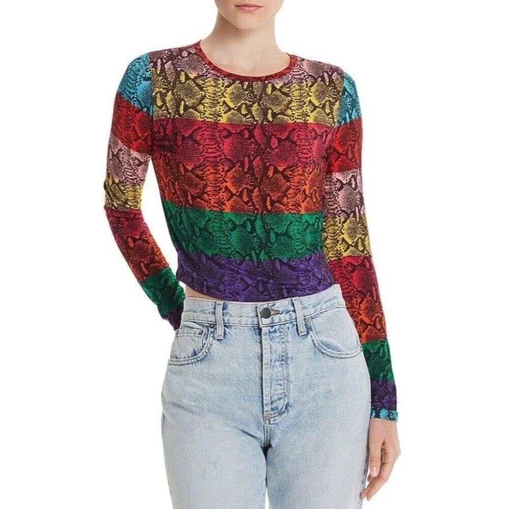 Alice + Olivia Rainbow Snake Stripe Top Women's Large Cropped Long Sleeve